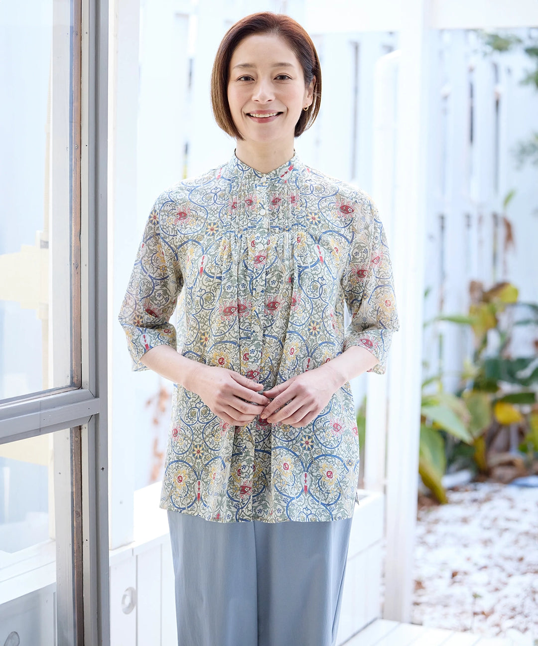 新品 Savior 小鉢工房 リバティ 花柄 チュニック ブラウス L 羽織り リバティ ソランキシルスムースピンタックロングブラウス リバティ