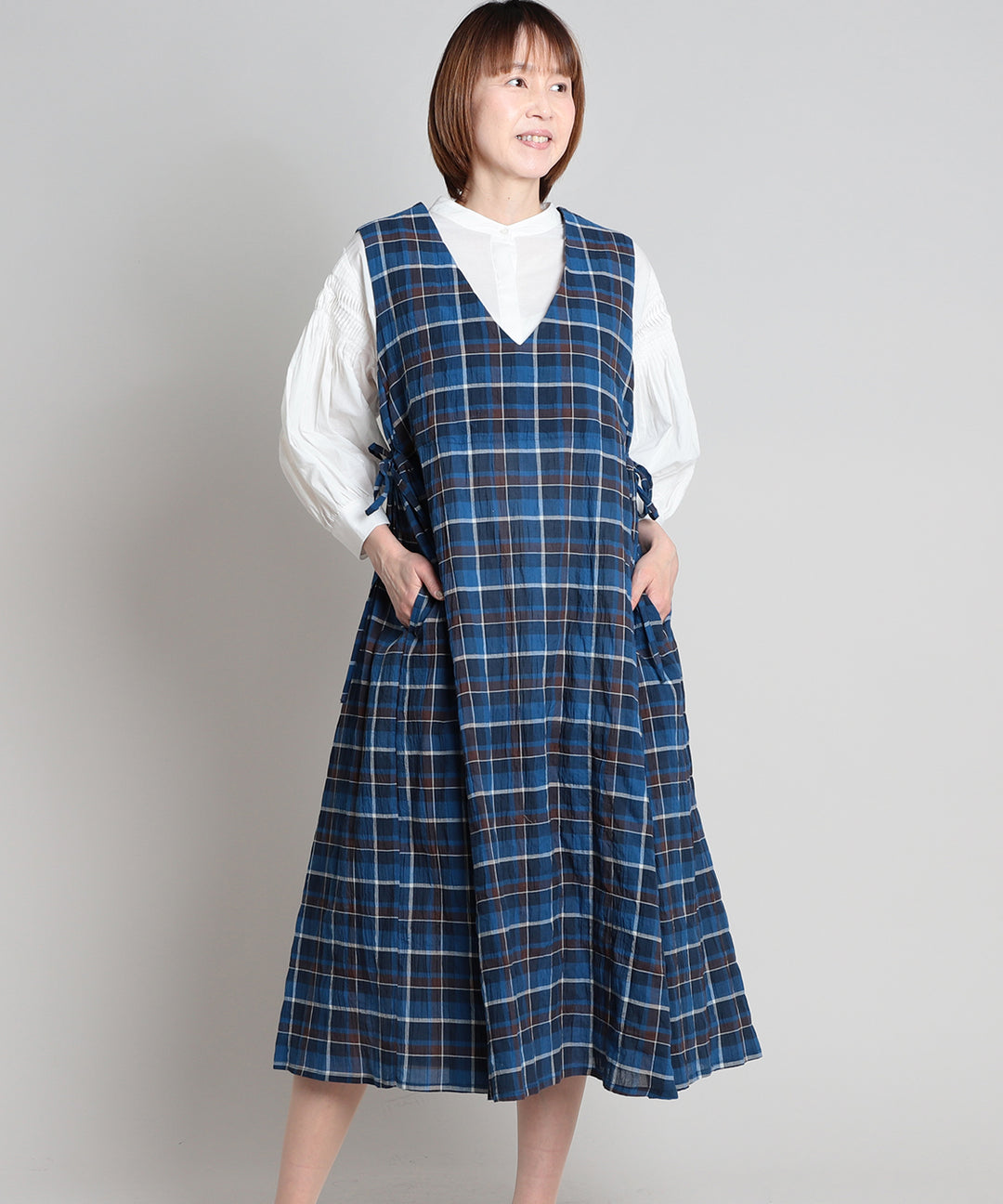 美品✨ 45R チェック柄 コットンロングワンピース ネイビー 0 チェックロングワンピース DAYTIME(デイタイム)ブランド公式ストア 50